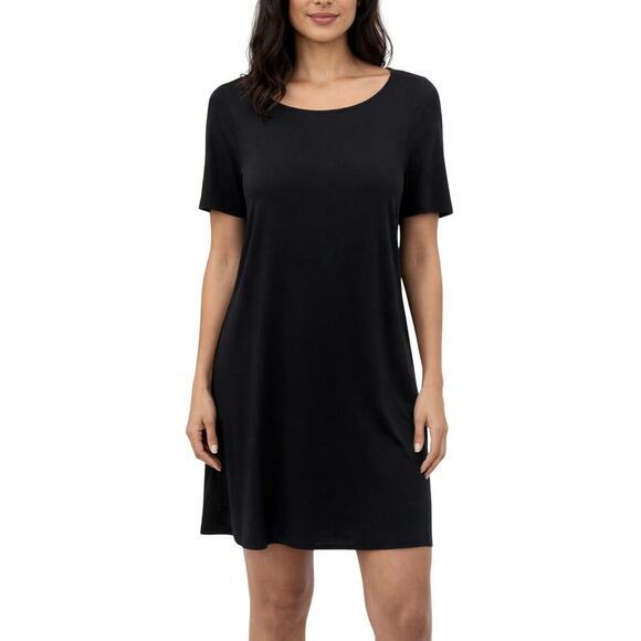 Eileen Fisher Boat Neck Stretch Jersey Casual Dress In Black Size L Petite